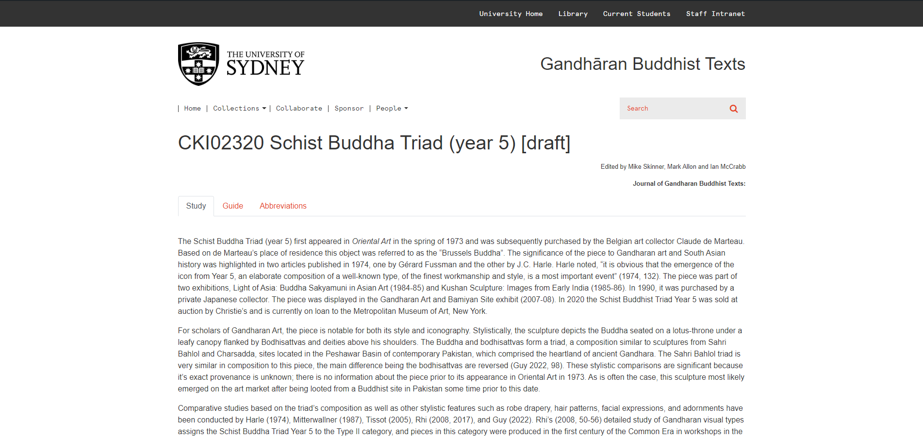 Screenshot of the article 'Schist Buddha Triad (year 5)'.