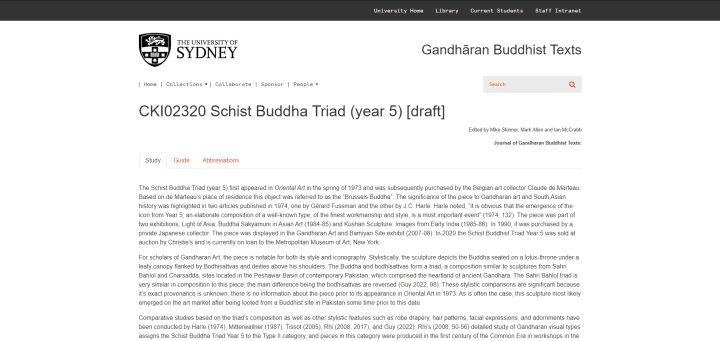 Screenshot of the article 'Schist Buddha Triad (year 5)'.