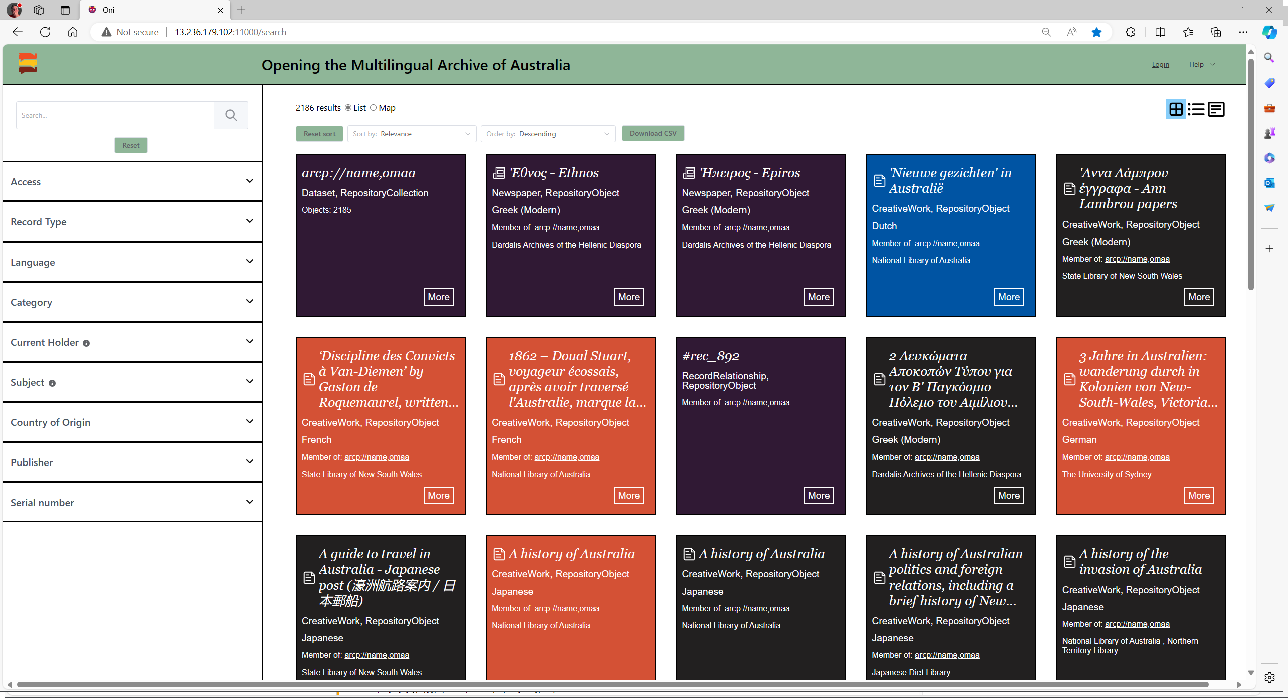 Screenshot of the Opening the Multilingual Archive of Australia project, as shown within the ONI Generous User Interface.