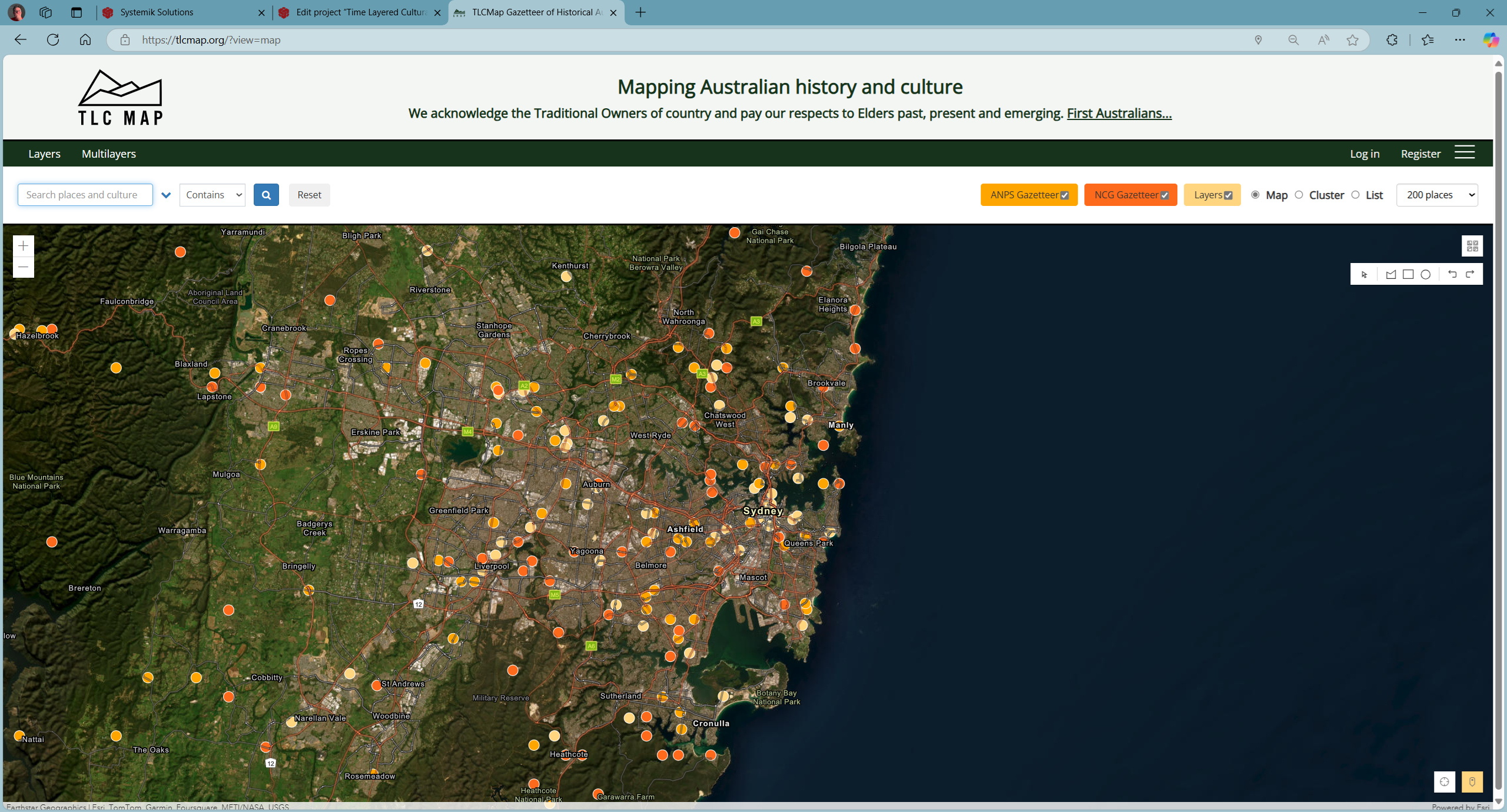 Screenshot of the TLCMap homepage, which shows a map populated with pins.